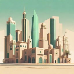 Create a 2D representation of a city in Saudi Arabia, capturing the unique architectural style and cultural elements.