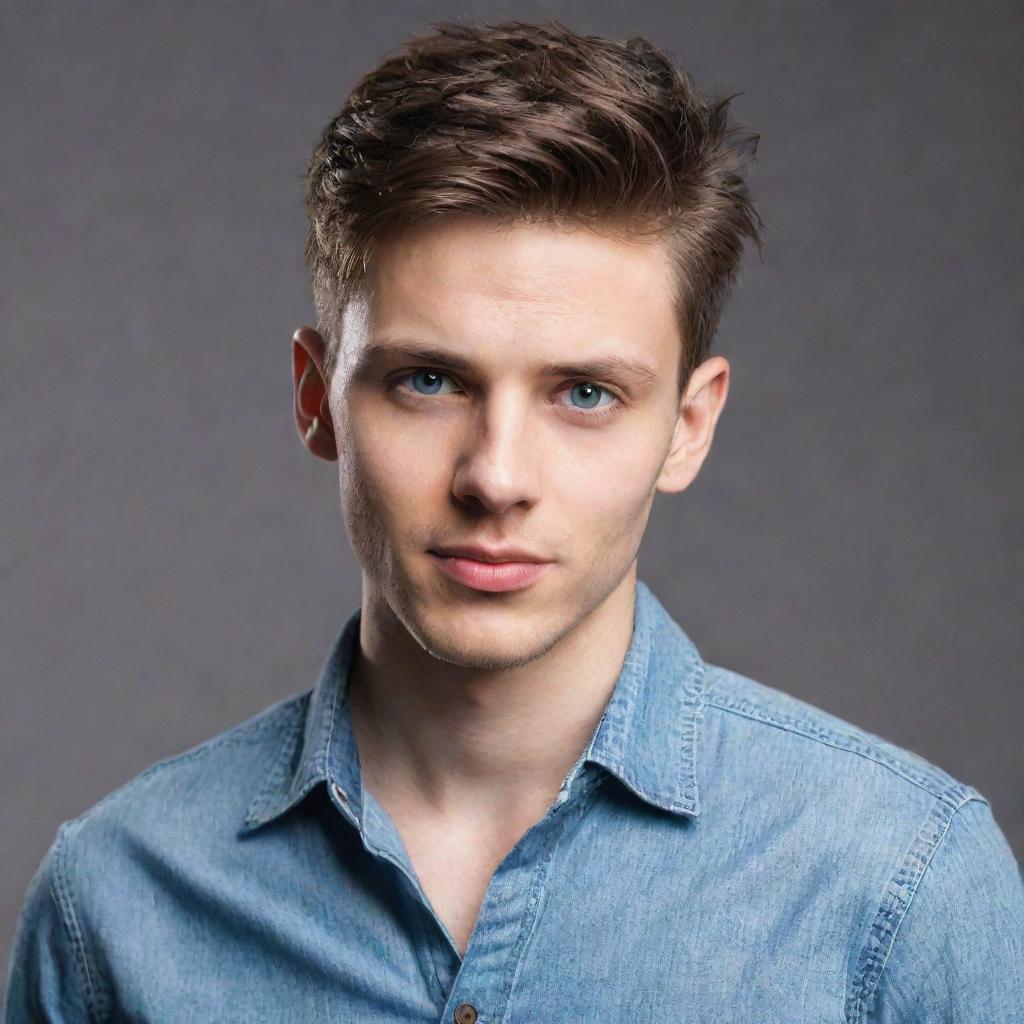 A stylish young man with trendy haircut, bright sparkling eyes, wearing a fashionable shirt and jeans.