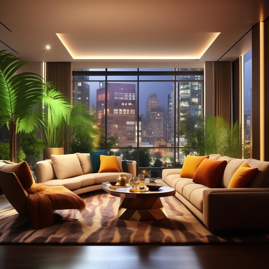 Photorealistic design of a luxurious, modern living room with an urban view, vibrant lush indoor plants, sleek furniture, and warm inviting lighting.