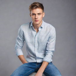 A stylish young man with trendy haircut, bright sparkling eyes, wearing a fashionable shirt and jeans.