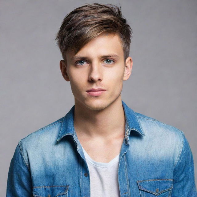 A stylish young man with trendy haircut, bright sparkling eyes, wearing a fashionable shirt and jeans.