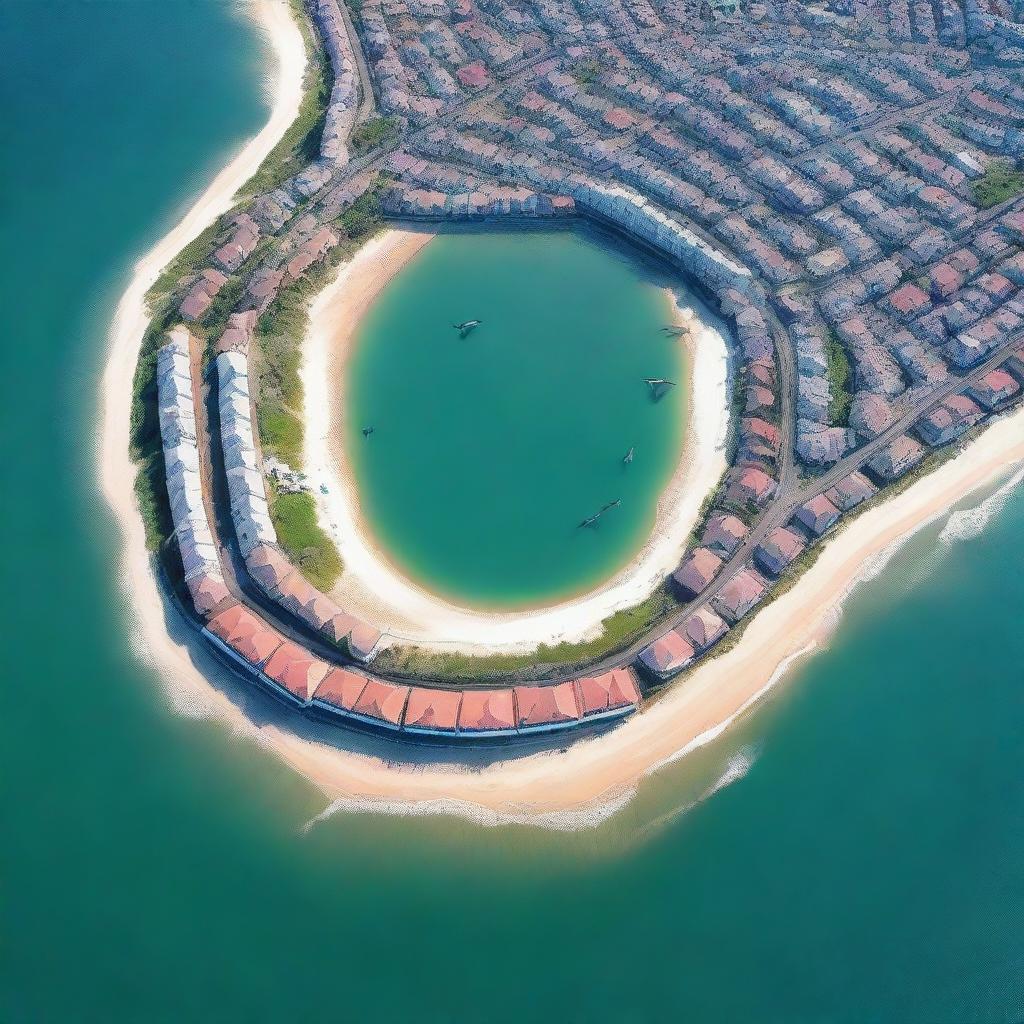 Create an aerial picture of a seaside town, viewed directly from above