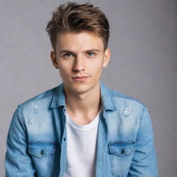 A stylish young man with trendy haircut, bright sparkling eyes, wearing a fashionable shirt and jeans.