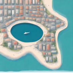 Create an aerial picture of a seaside town, viewed directly from above