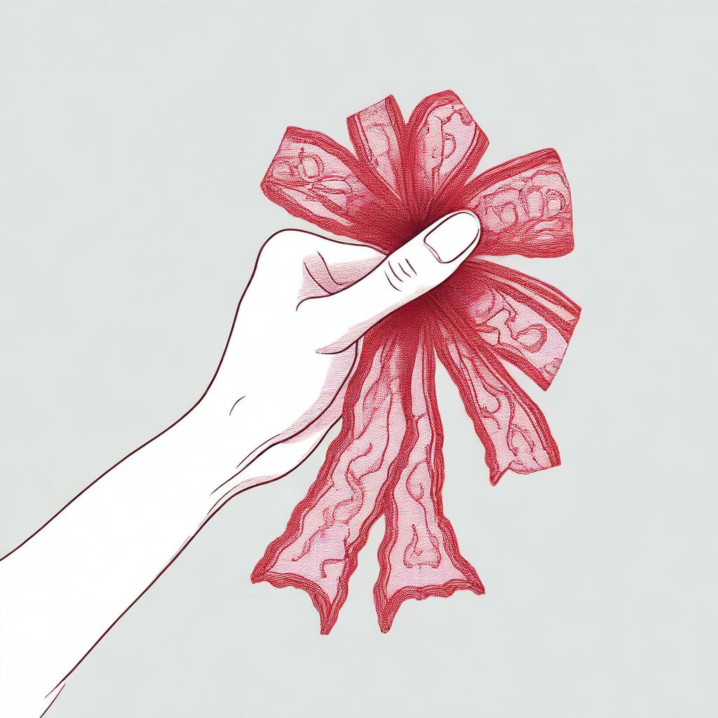 A detailed image of a hand gracefully holding a delicate red lace ribbon