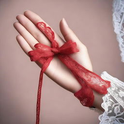 A detailed image of a hand gracefully holding a delicate red lace ribbon