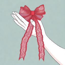 A detailed image of a hand gracefully holding a delicate red lace ribbon