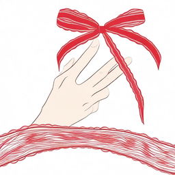 A detailed image of a hand gracefully holding a delicate red lace ribbon