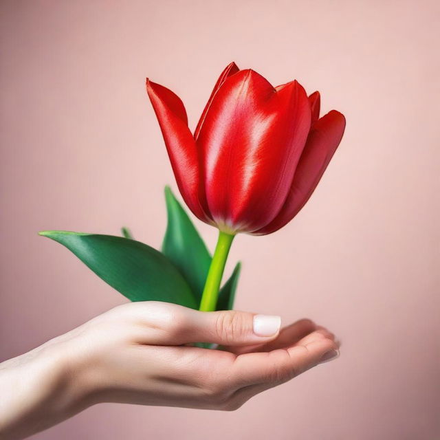 A delicate hand gently holding a vibrant red tulip