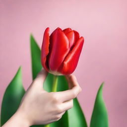 A delicate hand gently holding a vibrant red tulip