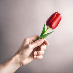 A delicate hand gently holding a vibrant red tulip