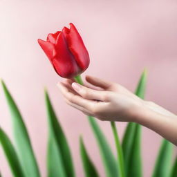 A delicate hand gently holding a vibrant red tulip