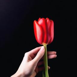 A delicate, feminine hand holding a vibrant red tulip against a black background