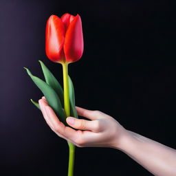 A delicate, feminine hand holding a vibrant red tulip against a black background