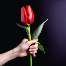 A delicate, feminine hand holding a vibrant red tulip against a black background