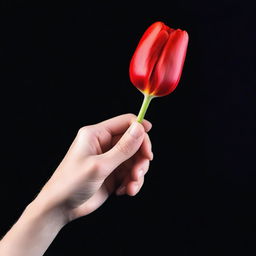 A delicate, feminine hand holding a vibrant red tulip against a black background