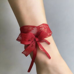 A delicate, feminine hand tied gently with a red lace ribbon