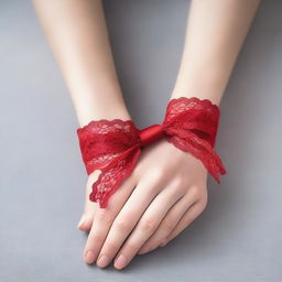 A delicate, feminine hand tied gently with a red lace ribbon