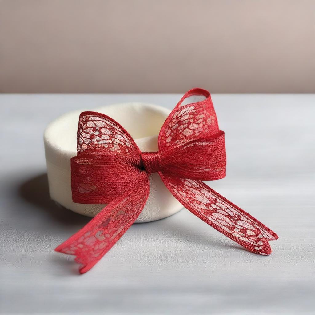 A delicate, feminine hand tied gently with a red lace ribbon