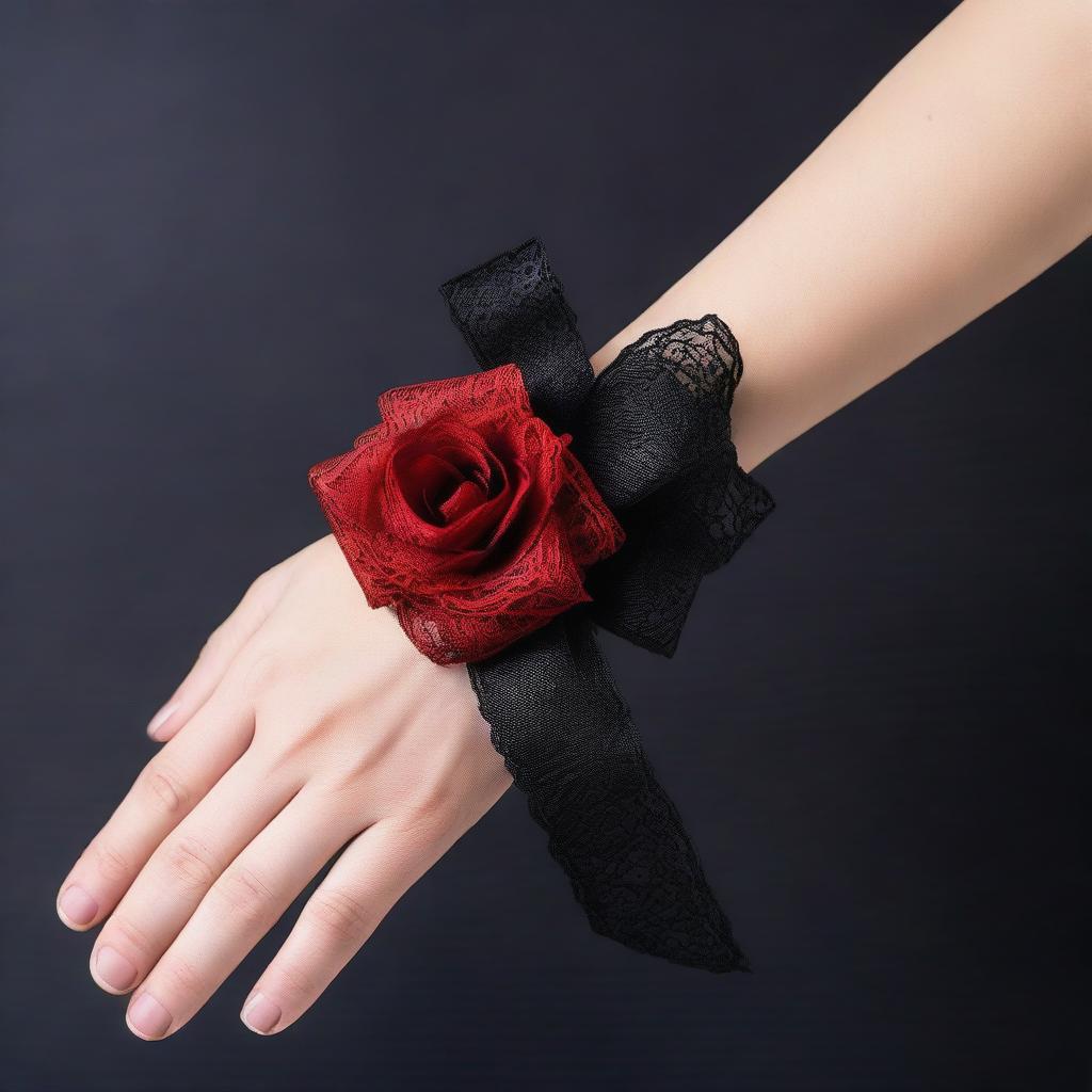 A delicate, feminine hand tied gently with a red lace ribbon against a black background