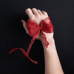 A delicate, feminine hand tied gently with a red lace ribbon against a black background