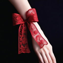 A delicate, feminine hand tied gently with a red lace ribbon against a black background