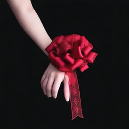 A delicate, feminine hand tied gently with a red lace ribbon against a black background