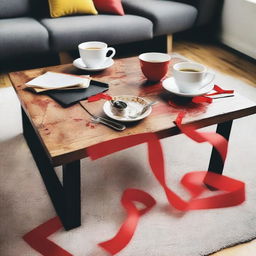 Generate an image of a messy coffee table