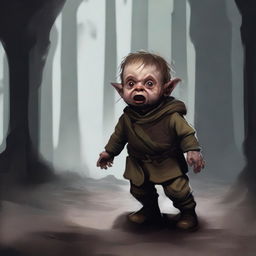 Generate an image of a terrified halfling in a horror setting