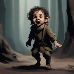 Generate an image of a terrified halfling in a horror setting