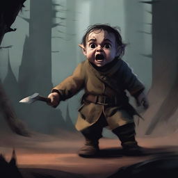 Generate an image of a terrified halfling in a horror setting