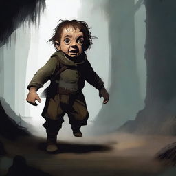 Generate an image of a terrified halfling in a horror setting