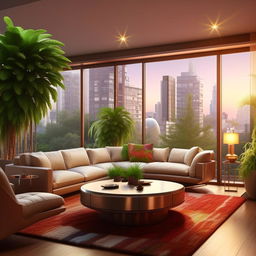 Photorealistic design of a luxurious, modern living room with an urban view, vibrant lush indoor plants, sleek furniture, and warm inviting lighting.