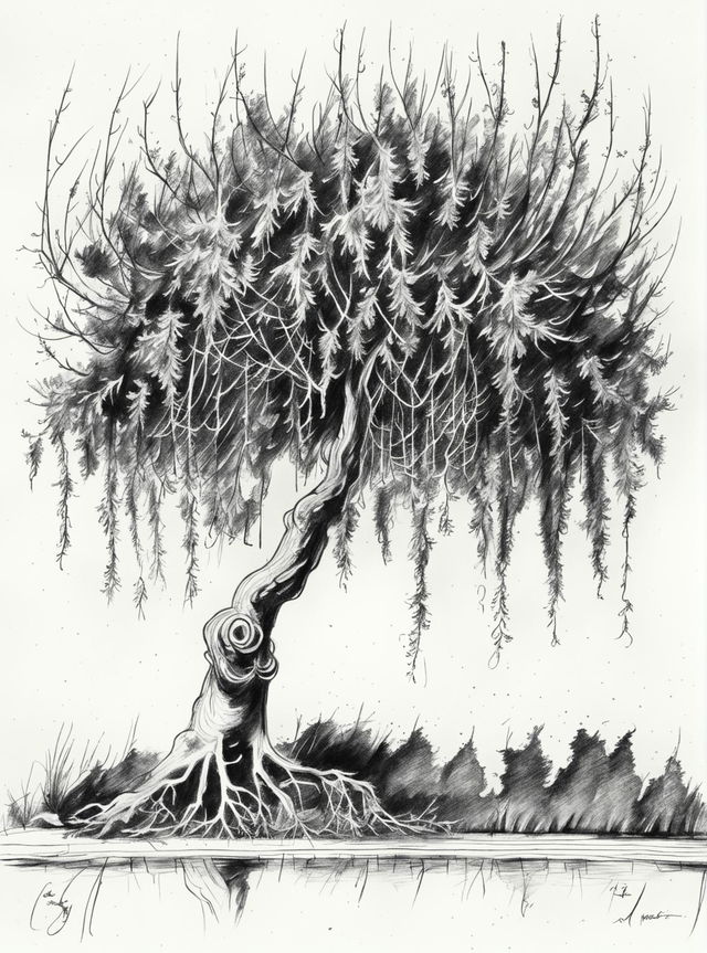 This is a request for a high-definition, award-winning sketch of a weeping willow tree