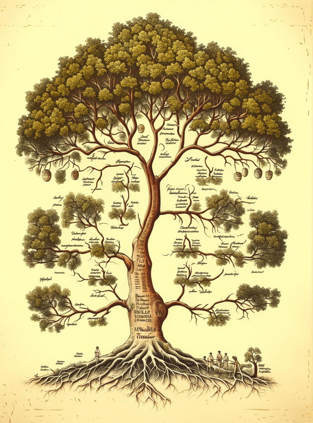 An antique style sketch of a family tree, with branches representing different family members