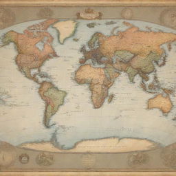 A highly detailed world map, with continents and oceans clearly labeled in classic vintage style