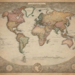 A highly detailed world map, with continents and oceans clearly labeled in classic vintage style