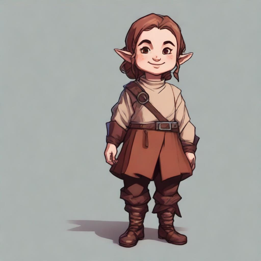 Generate an image of a stout female halfling character from Dungeons and Dragons