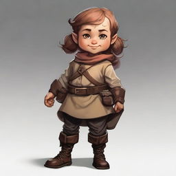 Generate an image of a stout female halfling character from Dungeons and Dragons