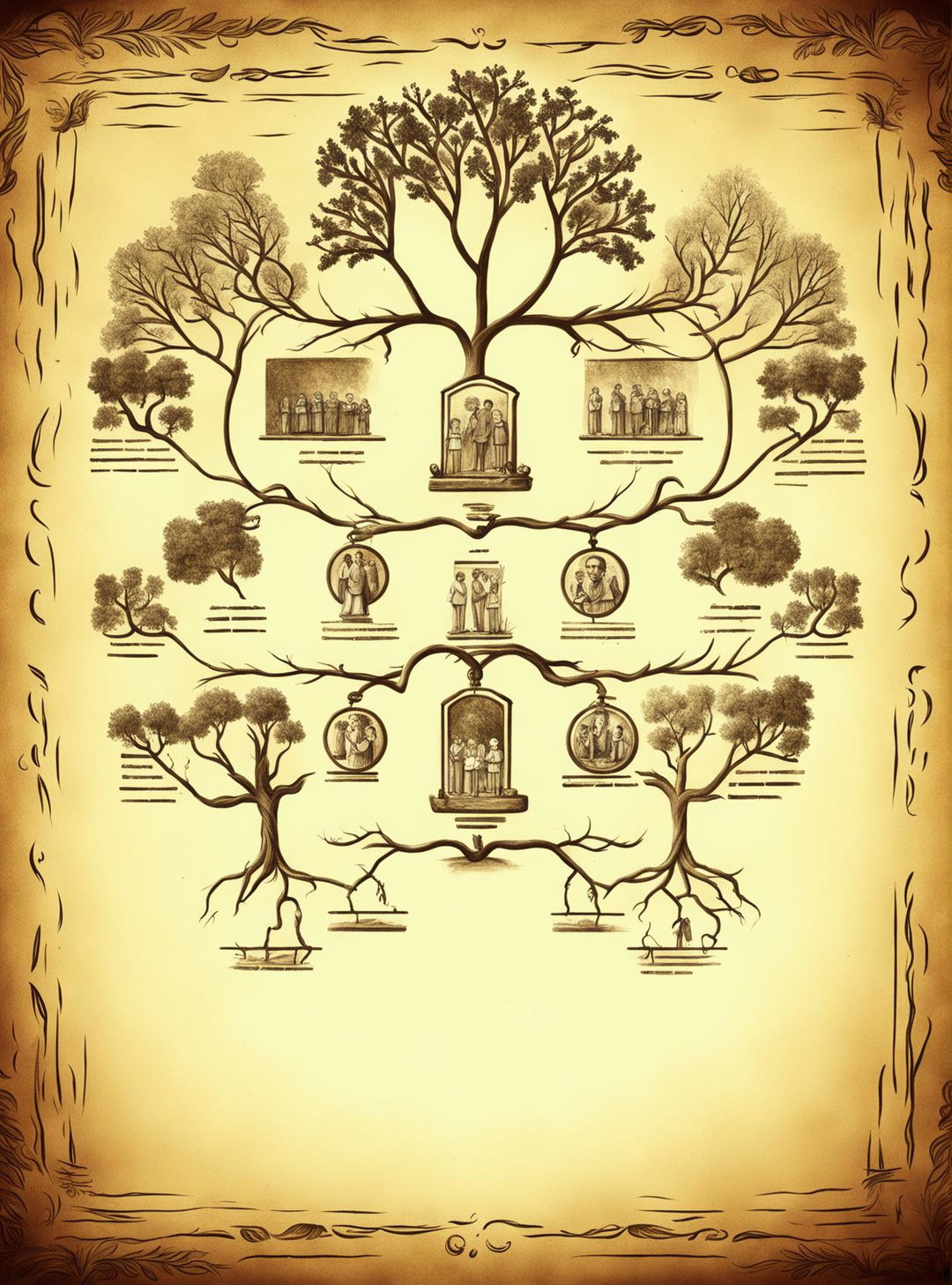 An antique-style family tree sketch template with spaces for family members' names and birth-death years, designed in sepia tones with a parchment-like background