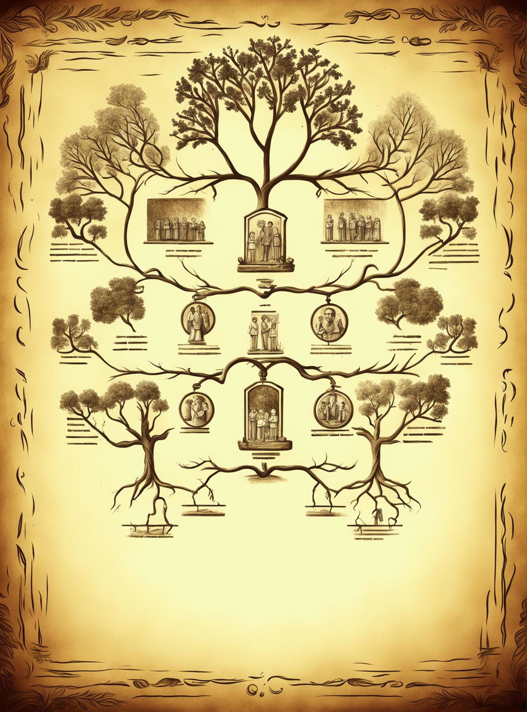 An antique-style family tree sketch template with spaces for family members' names and birth-death years, designed in sepia tones with a parchment-like background