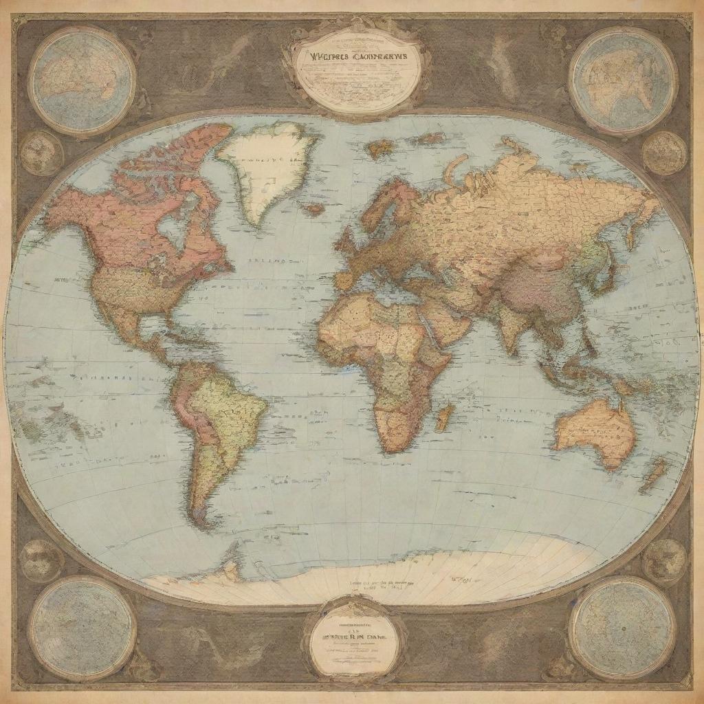 A highly detailed world map, with continents and oceans clearly labeled in classic vintage style