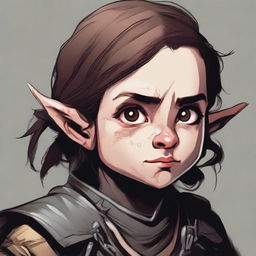 Generate an image of a stout, female halfling character from Dungeons and Dragons with a scary appearance