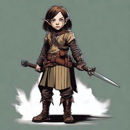 Generate an image of a stout, female halfling character from Dungeons and Dragons with a scary appearance