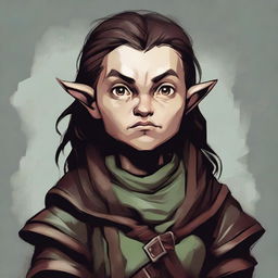 Generate an image of a stout, female halfling character from Dungeons and Dragons with a scary appearance