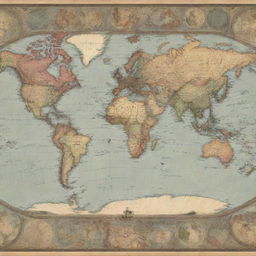 A highly detailed world map, with continents and oceans clearly labeled in classic vintage style