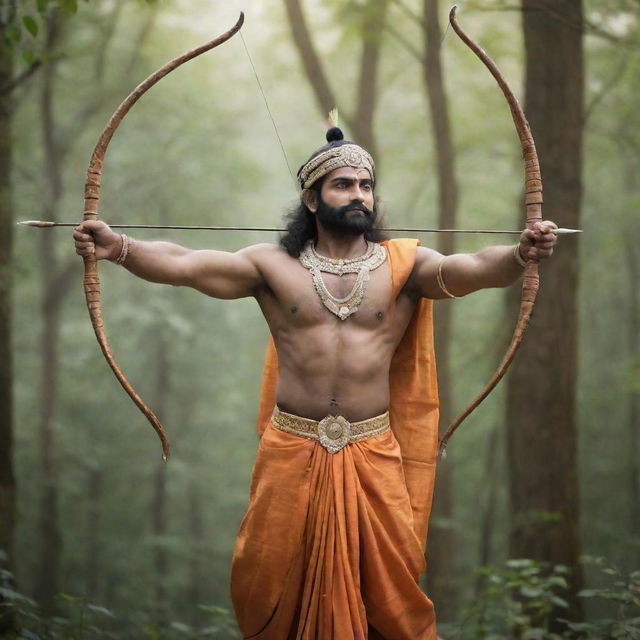 A divine image of Shree Ram, depicted in traditional attire with a bow and arrow, against a backdrop of a peaceful forest setting.