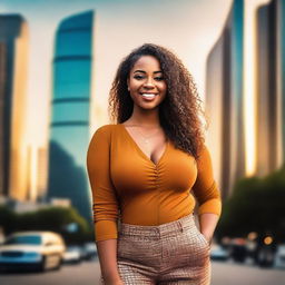 Create an image of a young woman with a confident smile, standing tall