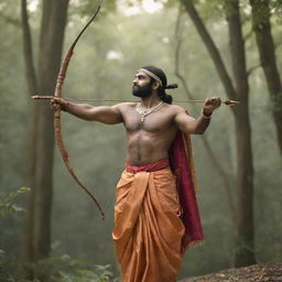 A divine image of Shree Ram, depicted in traditional attire with a bow and arrow, against a backdrop of a peaceful forest setting.