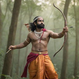 A divine image of Shree Ram, depicted in traditional attire with a bow and arrow, against a backdrop of a peaceful forest setting.